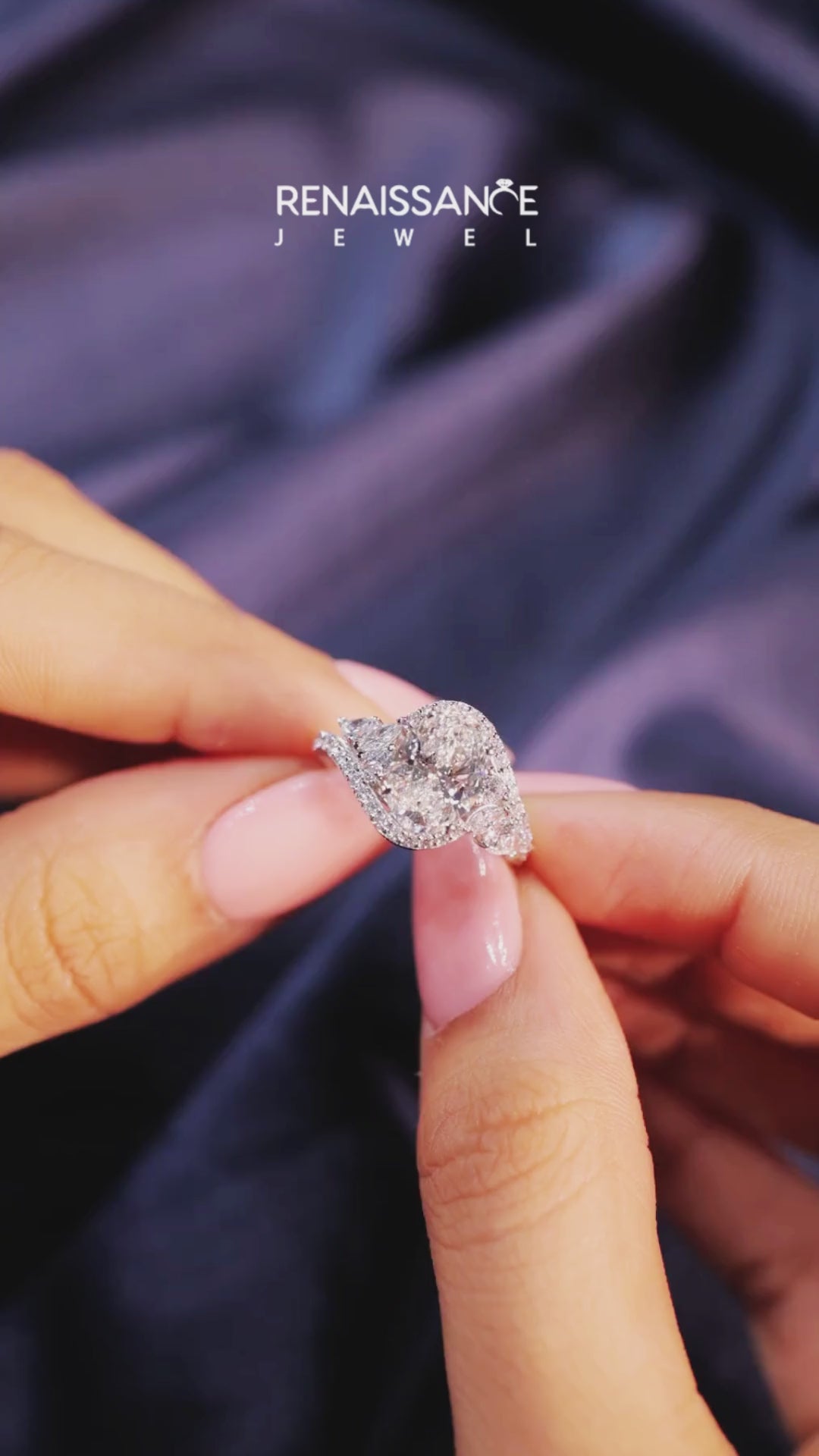 Platinum Oval Diamond Halo Ring with Marquise and Pavé Band in Prong Setting 7