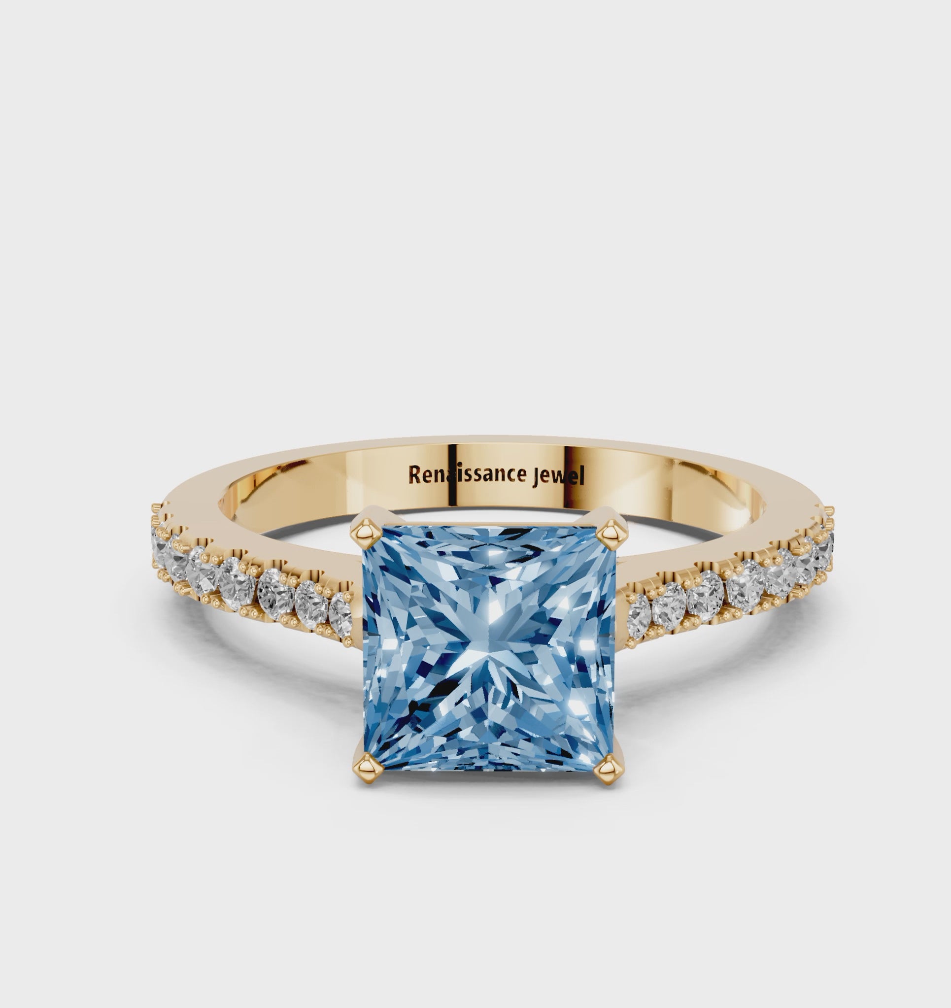 Yellow gold Fancy Blue Princess  Cut Solitaire Diamond Engagement Ring with Pave Band and Four-Prong Setting_74