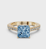 Yellow gold Fancy Blue Princess  Cut Solitaire Diamond Engagement Ring with Pave Band and Four-Prong Setting