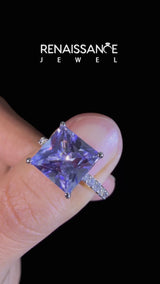 Silver Princess Cut Tanzanite Solitaire Ring with Round  Pavé Band and Prong Setting