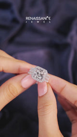 Silver Princess Cut Halo Diamond Ring with Round  Split Shank and Prong Setting