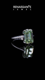 Platinum Fancy Green Emerald Cut Diamond Solitaire Ring with Flower Prong Setting and Classic Band