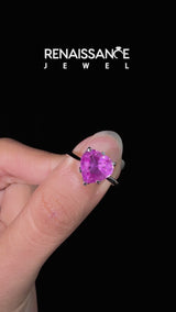 Silver Heart Cut Pink Sapphire Solitaire Ring with Flower Prong Setting and Classic Band