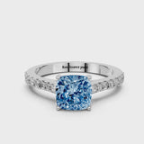 Silver Fancy Blue Cushion  Cut Solitaire Diamond Engagement Ring with Pave Band and Four-Prong Setting
