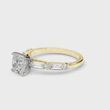 Yellow gold Cushion Cut Diamond Solitaire with Side Baguettes and Channel Set Band