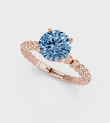 Rose gold Fancy Blue Round Cut Diamond Solitaire Ring with Beaded Band and Prong Setting