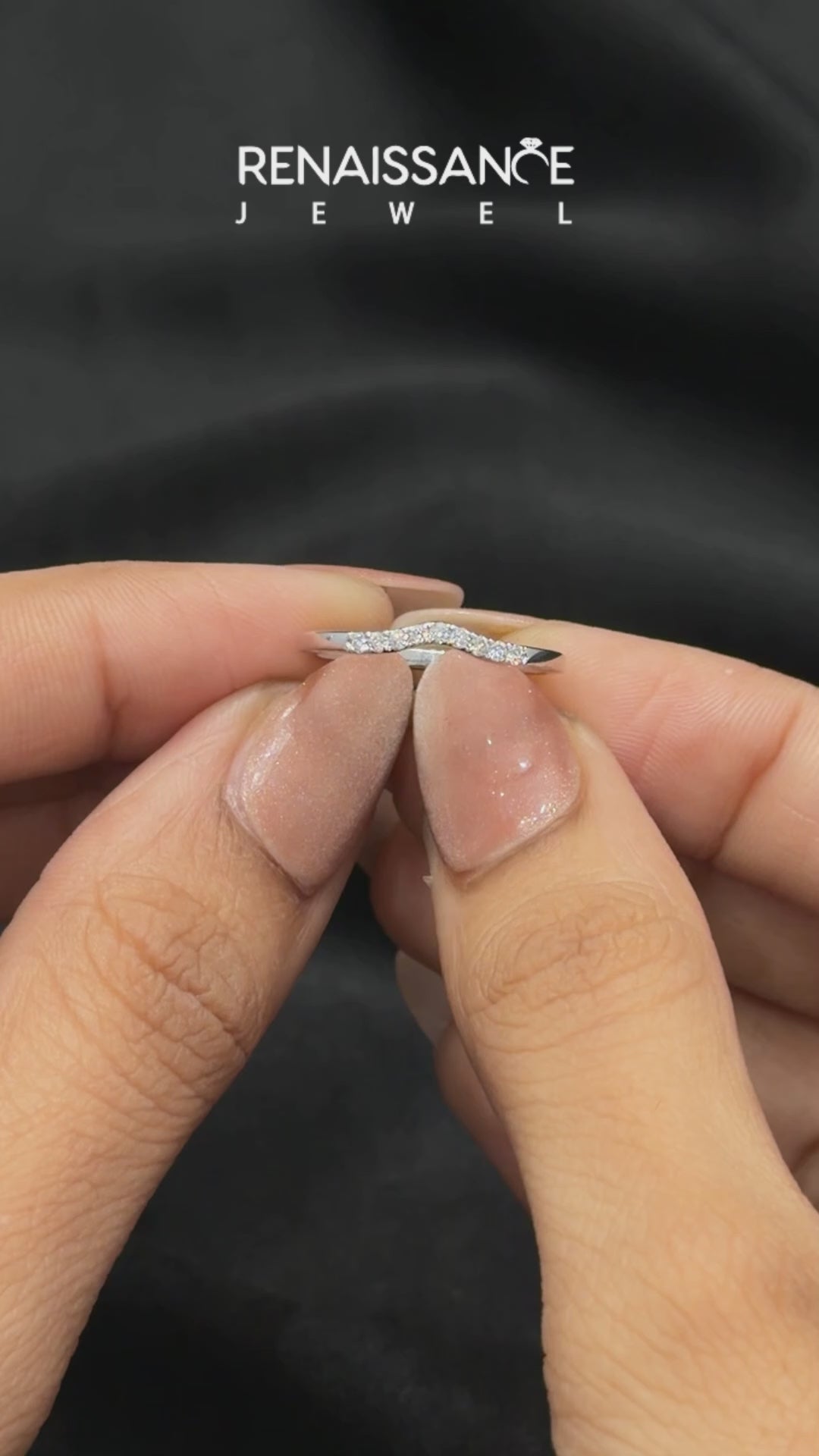 Silver Curved Diamond Wedding Band with Round Cut Stones and Shared Prong Setting_13