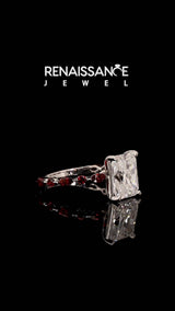 Platinum Radiant Cut Diamond Ring with Marquise and Round with Garnet side stone Side Stones and Four-Prong Setting