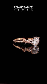 Rose gold Emerald Cut Diamond Solitaire Ring with Leaf Motif Band and Four-Prong Setting