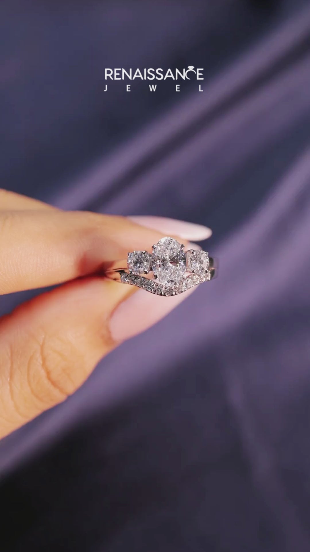 Platinum Three-Stone Oval Diamond Ring with Round Side Stones, Classic Band, and Four-Prong Setting 6