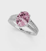 Silver Fancy Pink Oval Cut Diamond Solitaire Engagement Ring with Split Shank Pavé Band