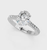 Platinum Oval Cut Solitaire Diamond Engagement Ring with Pave Band and Four-Prong Setting