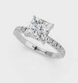 White gold Asscher Cut Diamond Solitaire Pavé Band with Four-Prong Setting