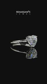 Silver Heart Cut Moissanite Solitaire Ring with Flower Prong Setting and Classic Band