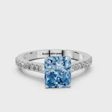 White gold Fancy Blue Radiant  Cut Solitaire Diamond Engagement Ring with Pave Band and Four-Prong Setting