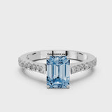 Silver Fancy Blue Emerald  Cut Solitaire Diamond Engagement Ring with Pave Band and Four-Prong Setting