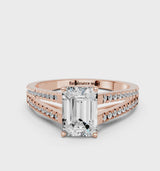 Rose gold Emerald Cut Diamond Solitaire Engagement Ring with Split Shank Pavé Band