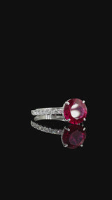 Silver Round Cut Ruby Solitaire Ring with Round  Pavé Band and Four-Prong Setting