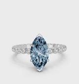 Platinum Fancy Blue Marquise Cut Diamond Solitaire Ring with Beaded Band and Prong Setting