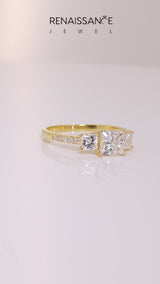 Yellow gold Three-Stone Cushion Cut Diamond Ring with Round  Pavé Band and Prong Setting