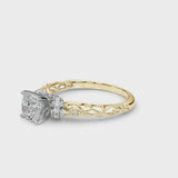 Yellow gold Cushion Cut Diamond Solitaire Ring with Filigree Band and Four-Prong Setting
