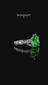Silver Pear Cut Green Sapphire Side Stone Solitaire Ring with Round and Four-Prong Setting