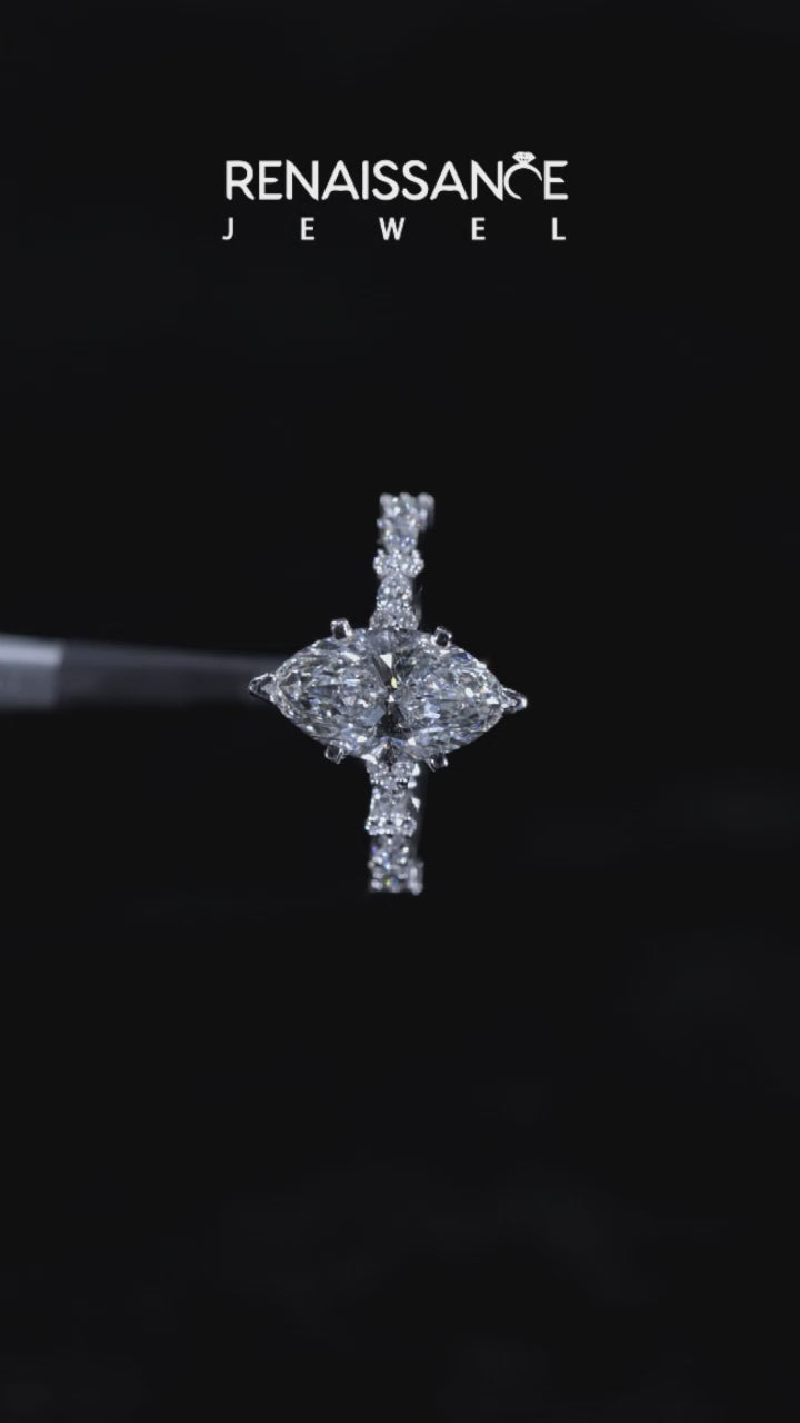 Platinum Marquise Solitaire with Side Stones, Pave Band, Four-Prong Setting 6