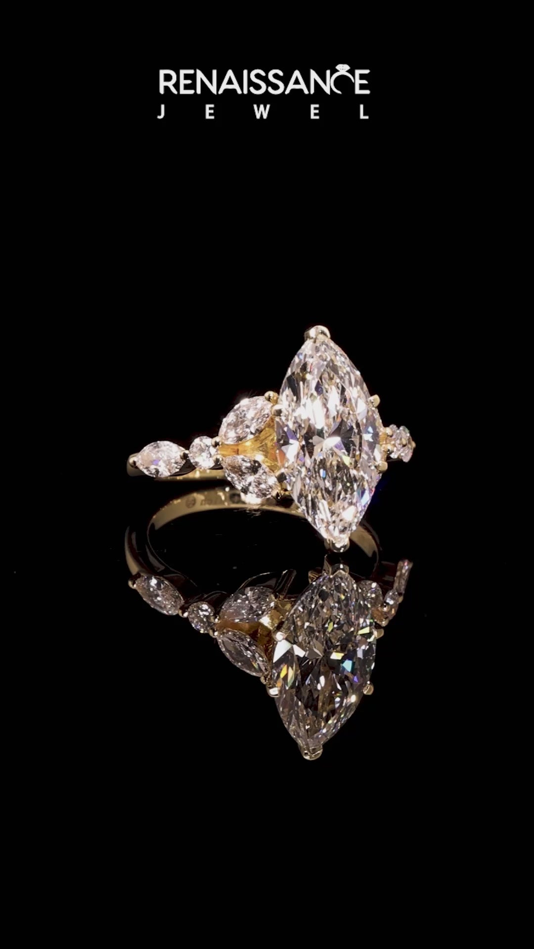 Yellow gold Marquise Diamond Solitaire with Side Stones on a White Gold Band and Four-Prong Setting_20