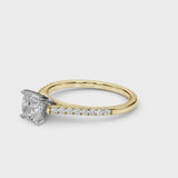 Yellow gold Cushion Cut Solitaire Diamond Ring with Pave Band and Four-Prong Setting