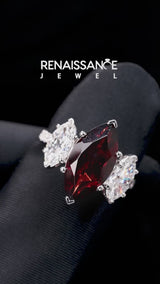 Silver Three-Stone Marquise Cut Garnet Ring with Round  Pavé Band and Prong Setting