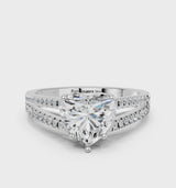 Silver Heart Cut Diamond Solitaire Engagement Ring with Split Shank Pavé Band