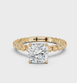 Yellow gold Cushion Cut Diamond Solitaire Ring with Beaded Band and Prong Setting
