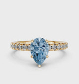 Yellow gold Fancy Blue Pear  Solitaire Pave Diamond Engagement Ring with Four-Prong Setting