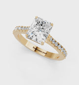 Yellow gold Radiant Cut Solitaire Diamond Engagement Ring with Pave Band and Four-Prong Setting