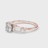 Rose gold Asscher Cut Diamond Ring with Baguette Side Stones, Channel Set Band, and Four-Prong Setting