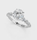 Platinum Round Cut Solitaire Diamond Ring with Pave Band and Four-Prong Setting