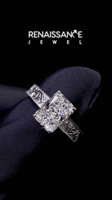 White gold Radiant Cut Diamond Solitaire Ring with Engraved Band and Four-Prong Setting
