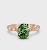 Rose gold Fancy Green Oval Cut Diamond Solitaire Ring with Beaded Band and Prong Setting