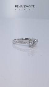 Platinum Oval Cut Diamond Ring with Pavé Band and Floral Prong Setting