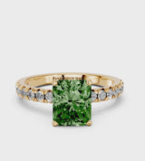 Yellow gold Fancy Green Radiant  Solitaire Pave Diamond Engagement Ring with Four-Prong Setting