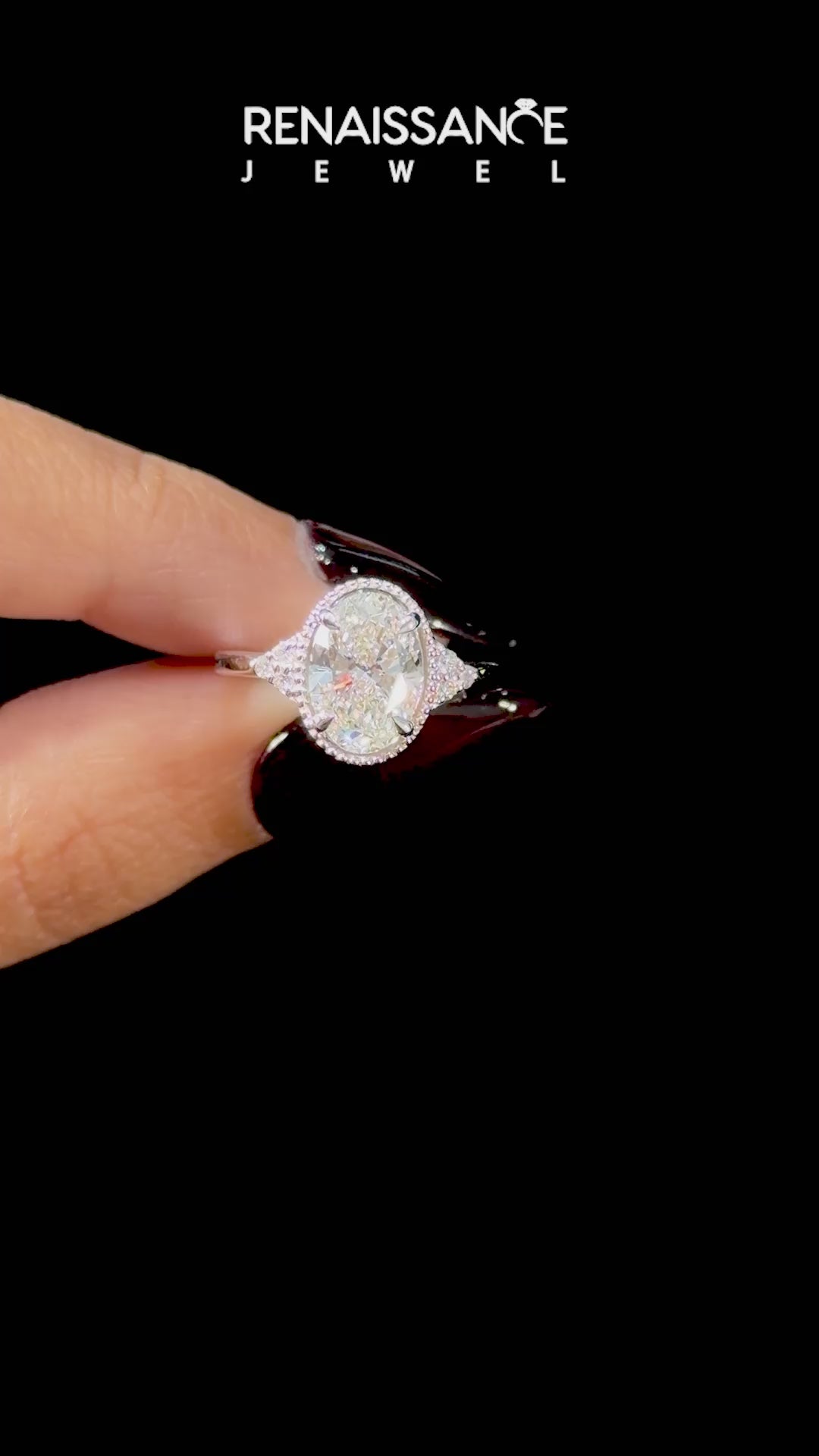 White gold Oval Halo Diamond Ring with Tapered Band and Four-Prong Setting_35