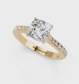 Yellow gold Cushion Cut Solitaire Diamond Engagement Ring with Pave Band and Four-Prong Setting