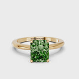 Yellow gold Fancy Green Radiant Cut Diamond Solitaire Ring with Six-Prong Setting and Classic Band