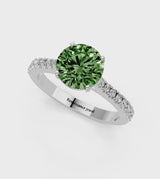 White gold Fancy Green Round  Cut Solitaire Diamond Engagement Ring with Pave Band and Four-Prong Setting