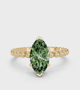 Yellow gold Fancy Green Marquise Cut Diamond Solitaire Ring with Beaded Band and Prong Setting