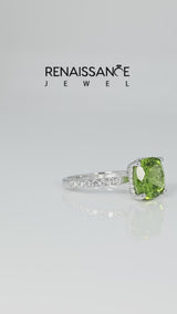 Silver Cushion Cut Peridot Pave Band Solitaire Ring with Round  and Prong Setting