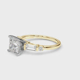 Yellow gold Princess Cut Diamond Ring with Baguette Side Stones, Channel Set Band, and Four-Prong Setting