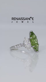 Silver Three-Stone Marquise Cut Peridot Ring with Round  Pavé Band and Prong Setting