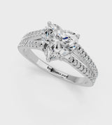 Silver Heart Cut Diamond Solitaire Engagement Ring with Split Shank Pavé Band