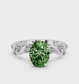 Silver Fancy Green Oval  Solitaire Twisted Band with Prong Setting